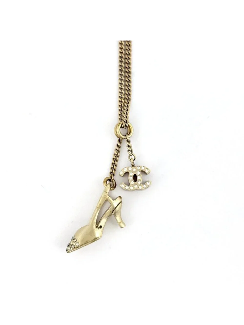 Chanel CC Logo Rhinestone Necklace High Heels Gold Plated